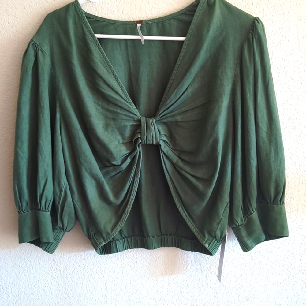 YFB Young Fabulous Broke Green Linen Blend Cropped  3/4 Shirt Women’s Large